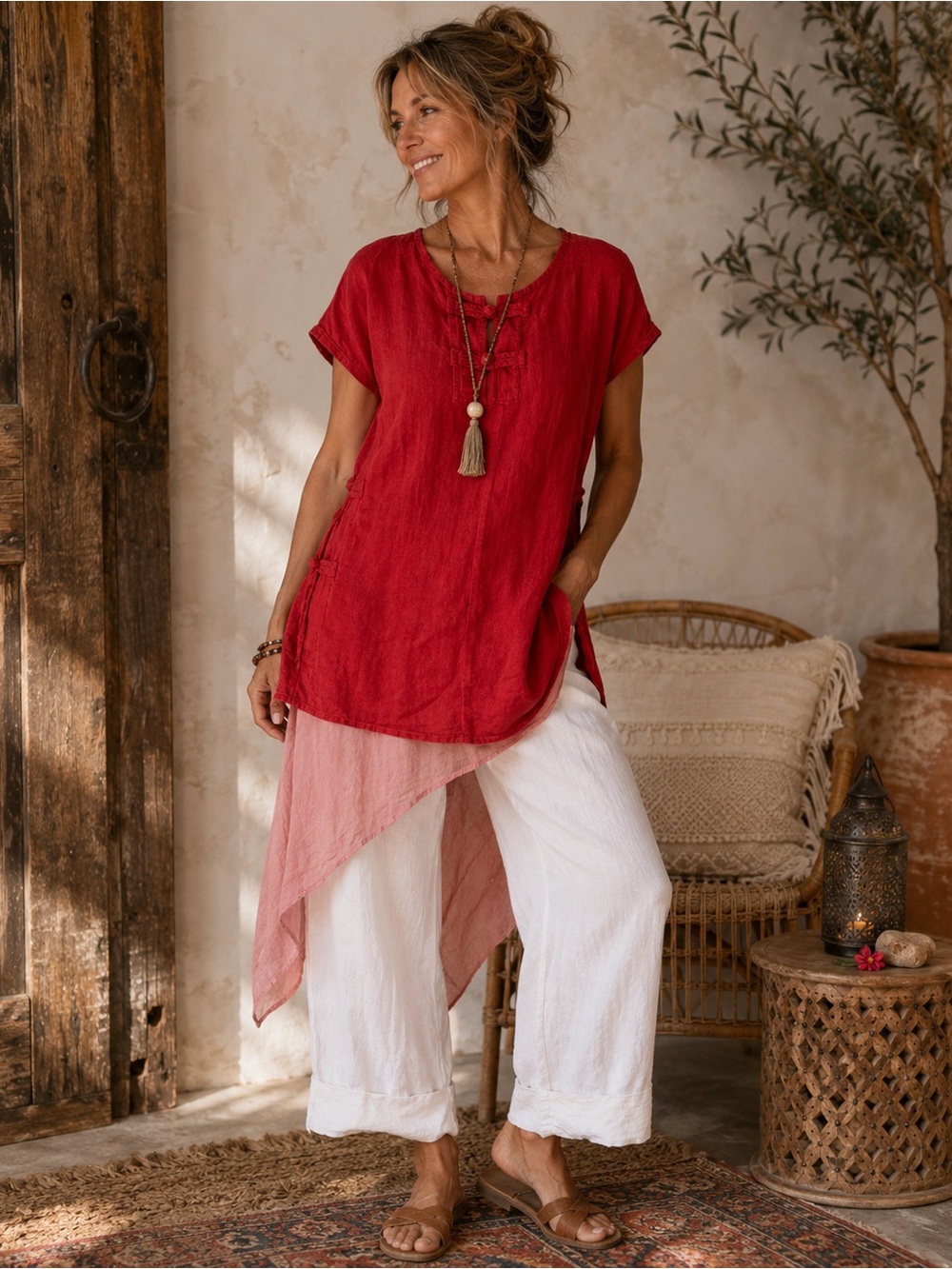 World Folk Art Red Layered Asymmetrical Tunic 100% Cotton Boho Lagenlook M/L